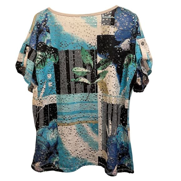 Women's XL Floral Button-Front Blouse Scoop Neck Short Sleeve Casual Top - Picture 4 of 4
